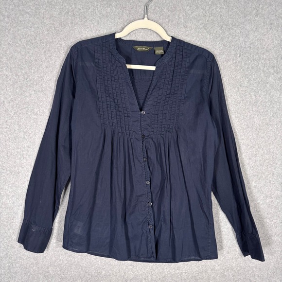 Eddie Bauer Tops - Eddie Bauer Babydoll Blouse Medium Navy Pintuck Pleated Button Front Cotton Top